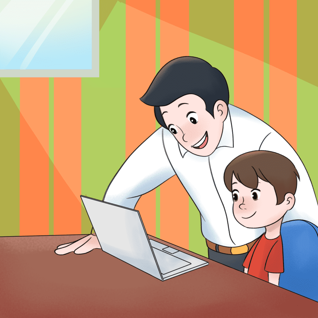 A man and boy are looking at the laptop.